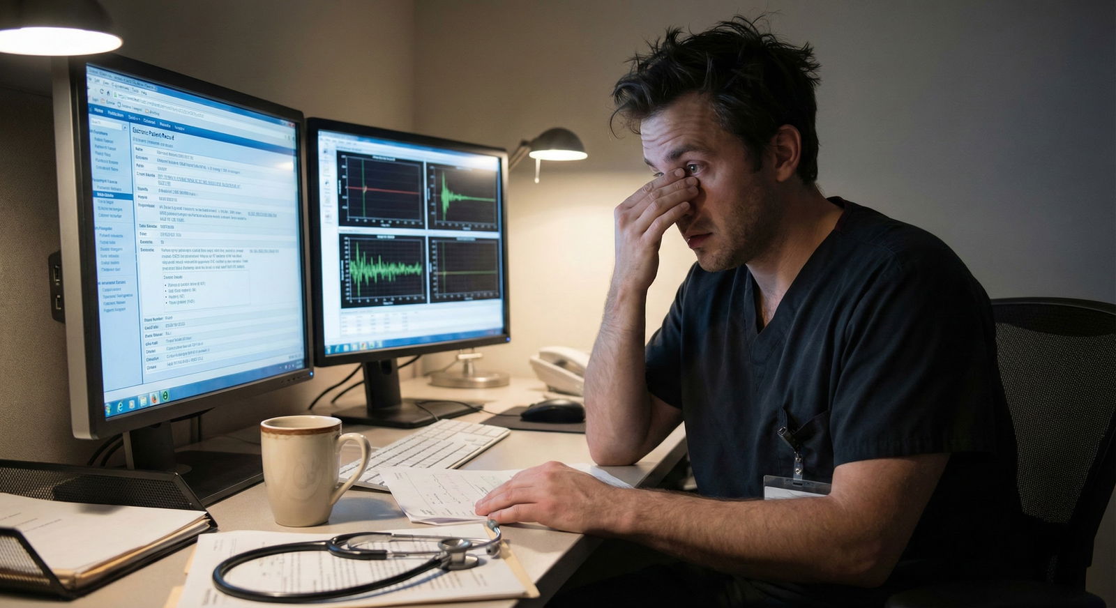 Resident physician looking concerned while reviewing patient charts at a hospital workstation at night -  for How Failing Ste