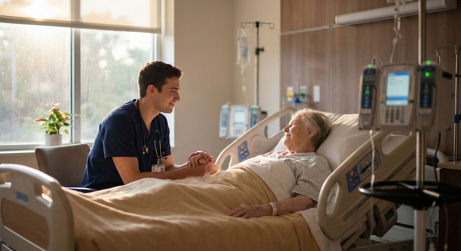 Resident physician quietly talking with an older parent in a hospital room during visiting hours Resident physician quietly talking with an older parent in a hospital room during visiting hours - for Managing Burnout When