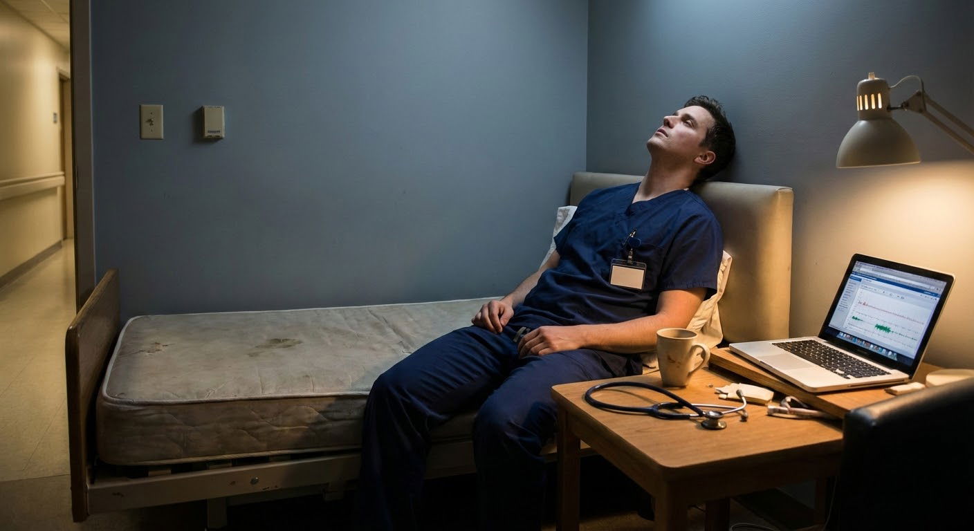 Resident physician resting in call room after a long shift -  for Is It Normal to Feel Exhausted Even Under 80 Hours? What’s