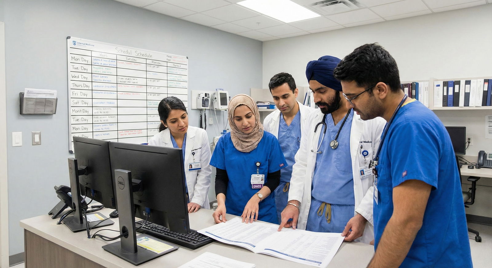 International medical graduates discussing residency match strategy in a hospital conference room -  for Are IMG Alumni Netwo