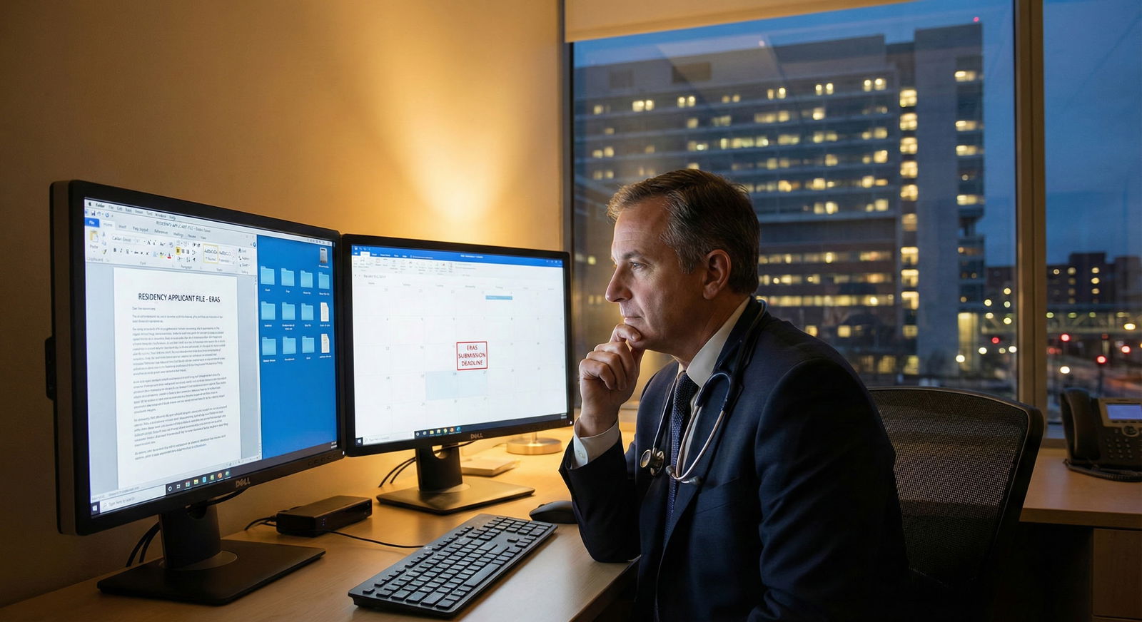 Resident physician reviewing ERAS applications on dual monitors -  for Does ERAS Submission Timing Matter More for Competitiv