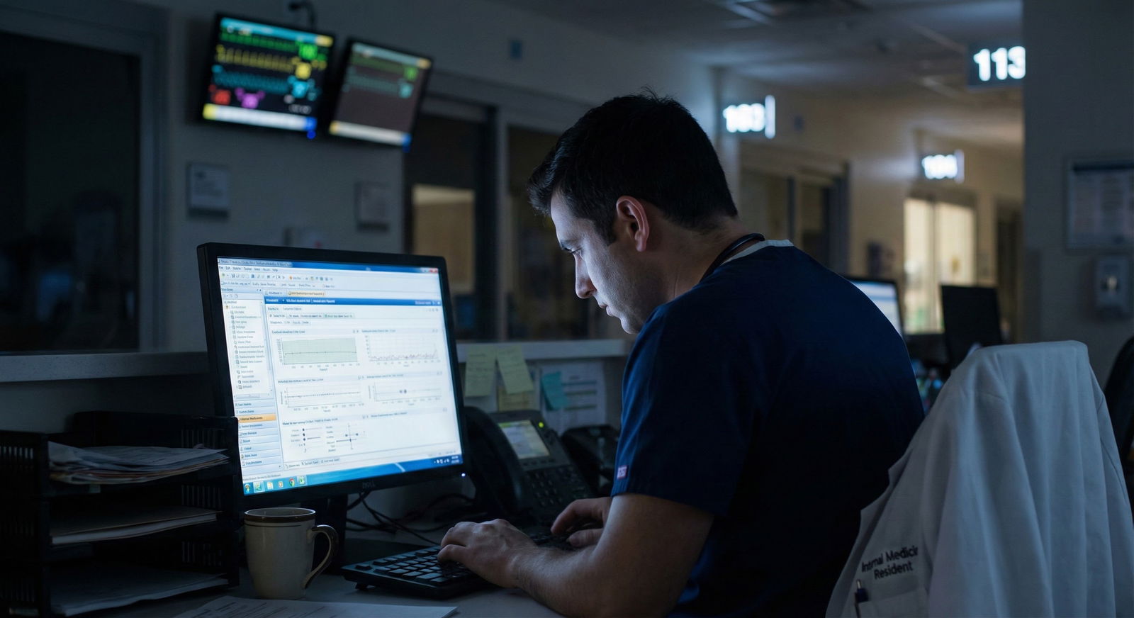 Resident physician studying for USMLE Step 3 in a hospital call room -  for When Is the Best Time to Take Step 3 During Resid