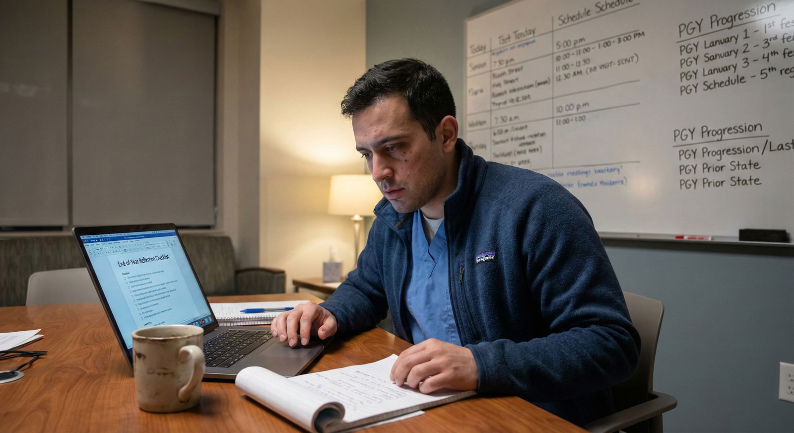 Resident physician reviewing year-end reflections in hospital workroom -  for End-of-Year Reflection Checklist Before You Adv