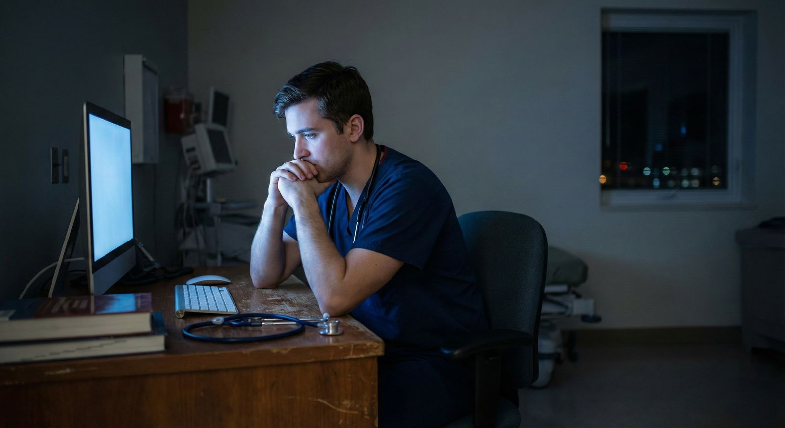 Resident physician sitting alone in call room appearing anxious and reflective -  for What If Co‑Residents Think My Mindfulne