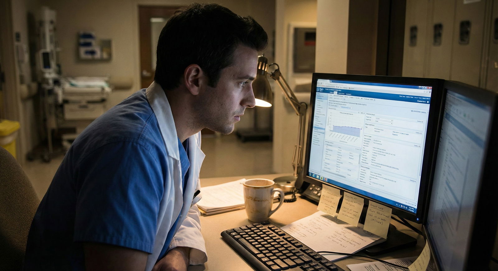 Resident physician working through Step 3 CCS cases on a computer in a hospital call room -  for Step 3 CCS Cases: High-Yield