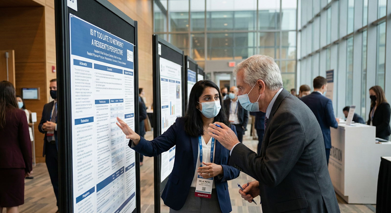 Resident presenting a research poster while networking at a medical conference -  for Is It Too Late to Network If I’m Alread