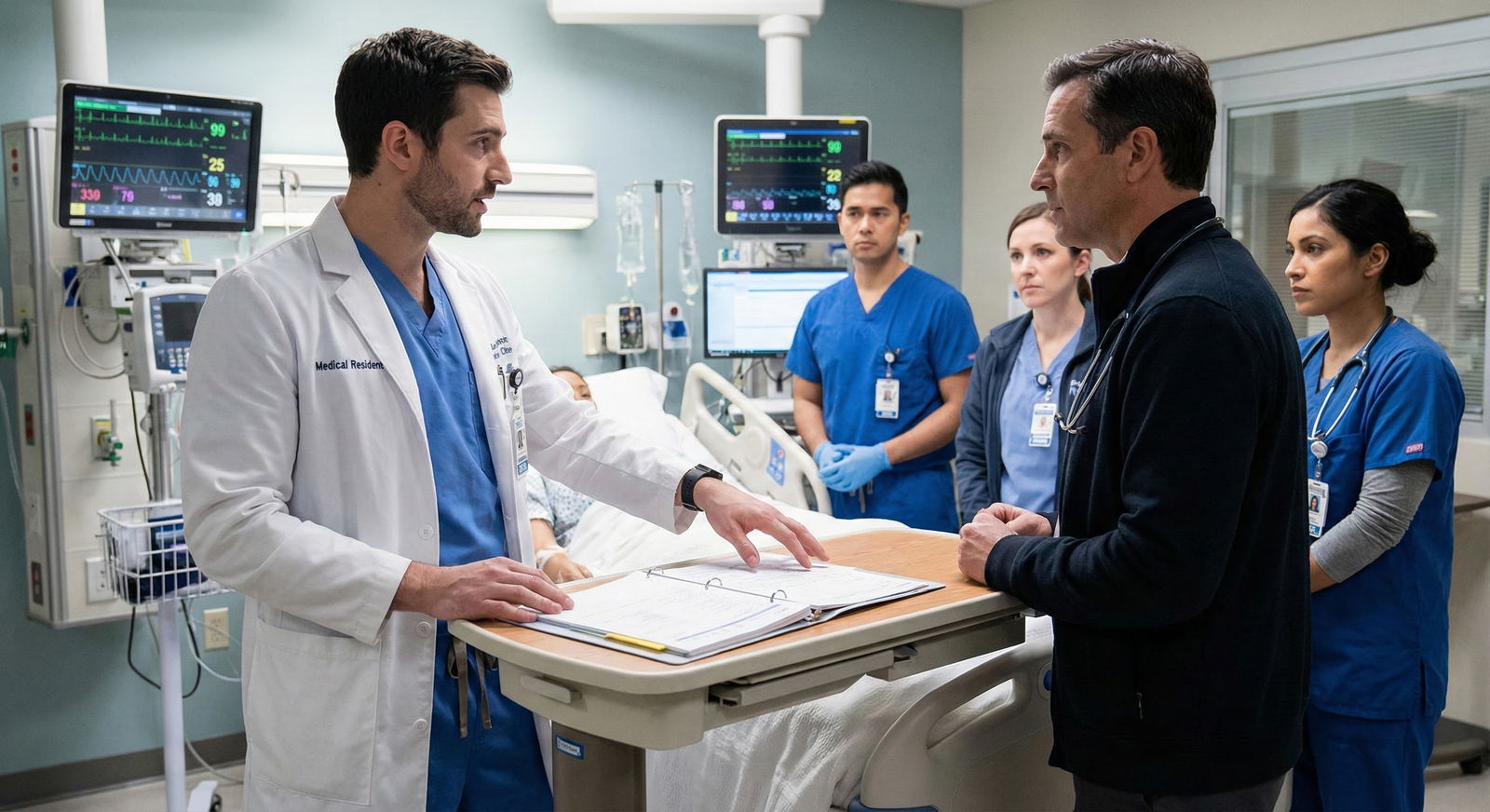 Resident presenting on rounds in ICU Resident presenting on rounds in ICU - for How to Sequence ICU, Wards, and Clinic Rotations Across the Year