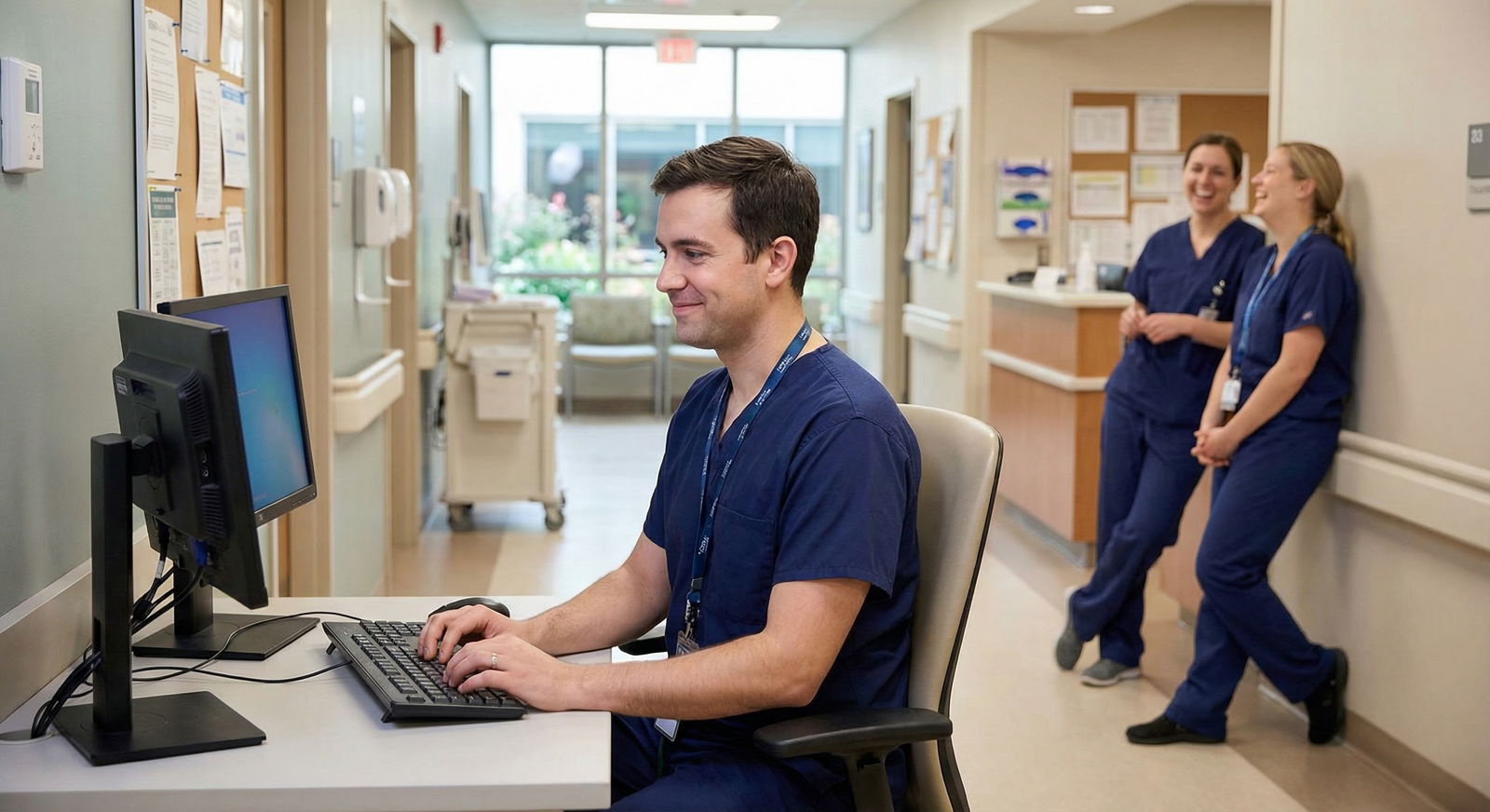 Resident quietly charting while colleagues chat and laugh nearby -  for No, You Don’t Have to Be ‘The Funny One’ to Bond with