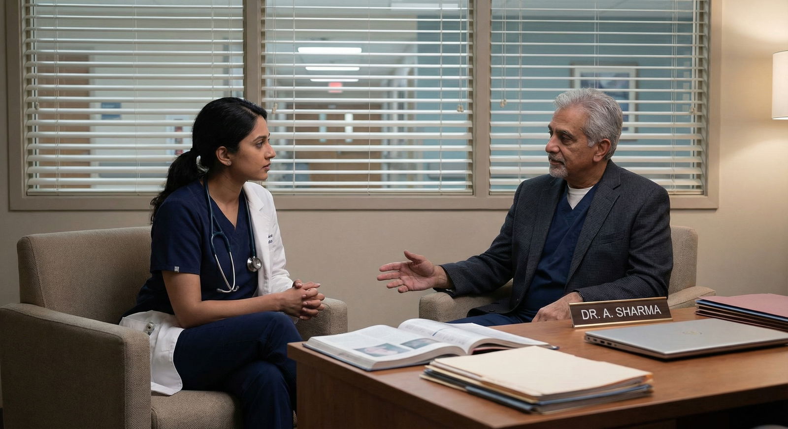 Medical trainee talking with a senior physician mentor in a hospital hallway Medical trainee talking with a senior physician mentor in a hospital hallway - for Is This Mentor the Right Fit? Five Questi