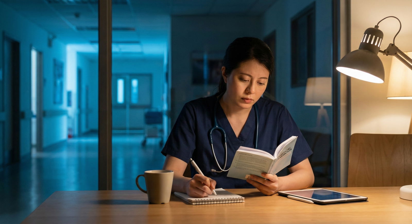 Resident quietly studying in hospital break room Resident quietly studying in hospital break room - for Imposter Syndrome in ‘Easy’ Specialties: Feeling Like You Don’t Belon