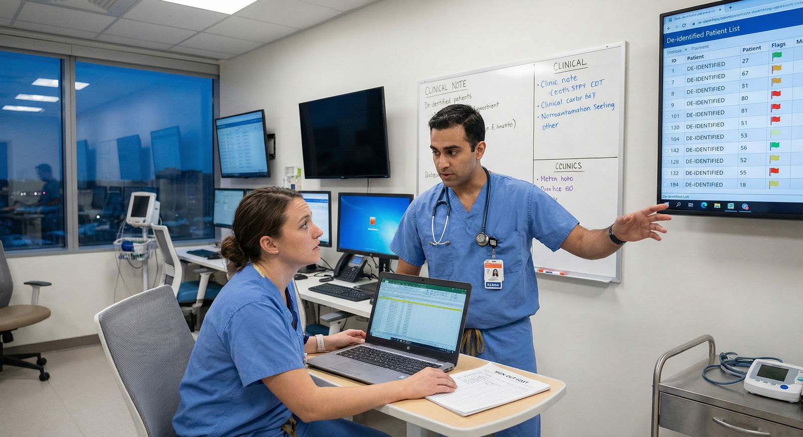 Resident receiving detailed sign-out from day team in hospital workroom Resident receiving detailed sign-out from day team in hospital workroom - for Terrified of Missing Something Overnight? How