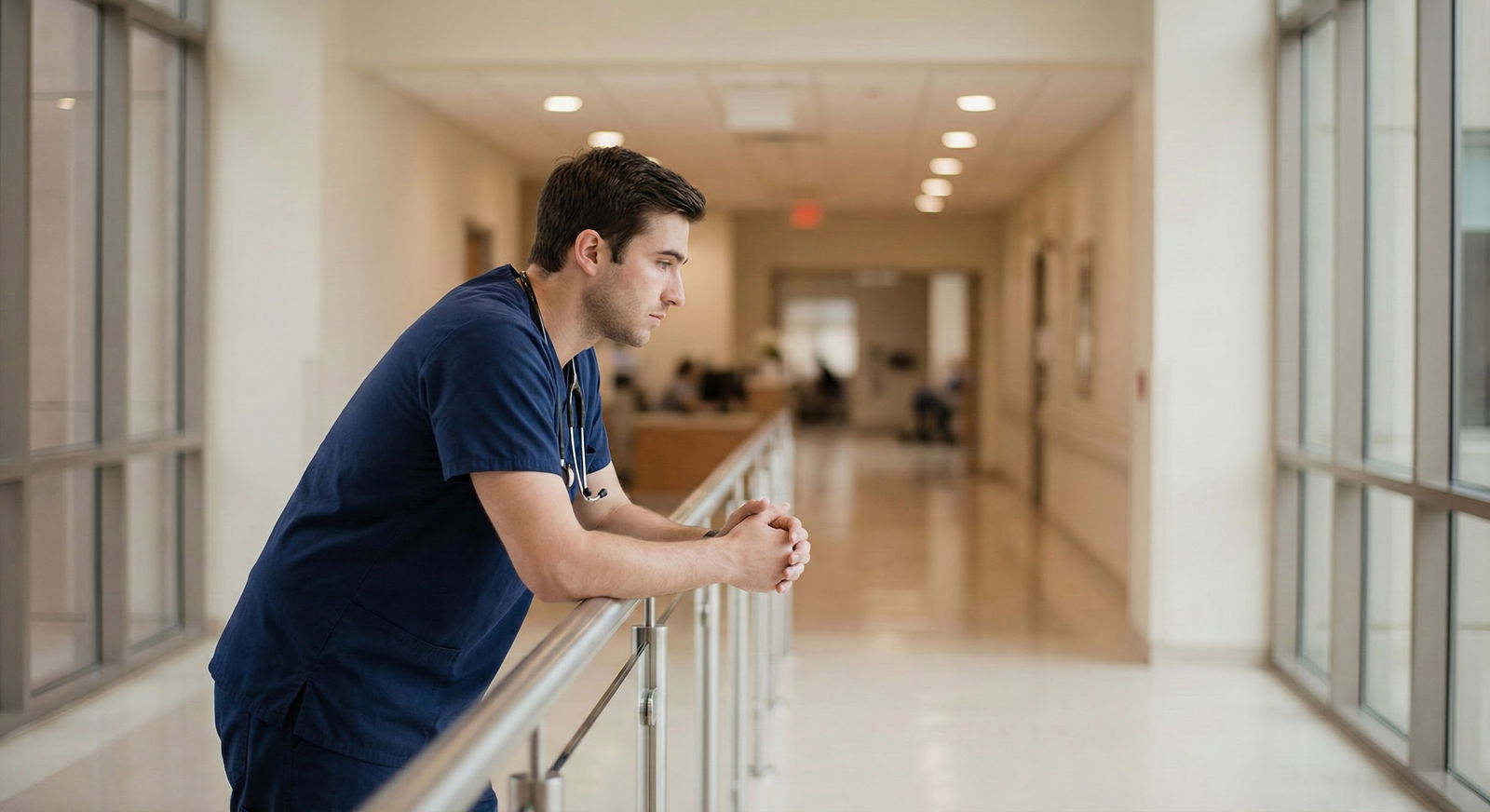 Resident reflecting on specialty decision while looking at hospital corridor -  for I Switched Specialties Late: Will My Pers