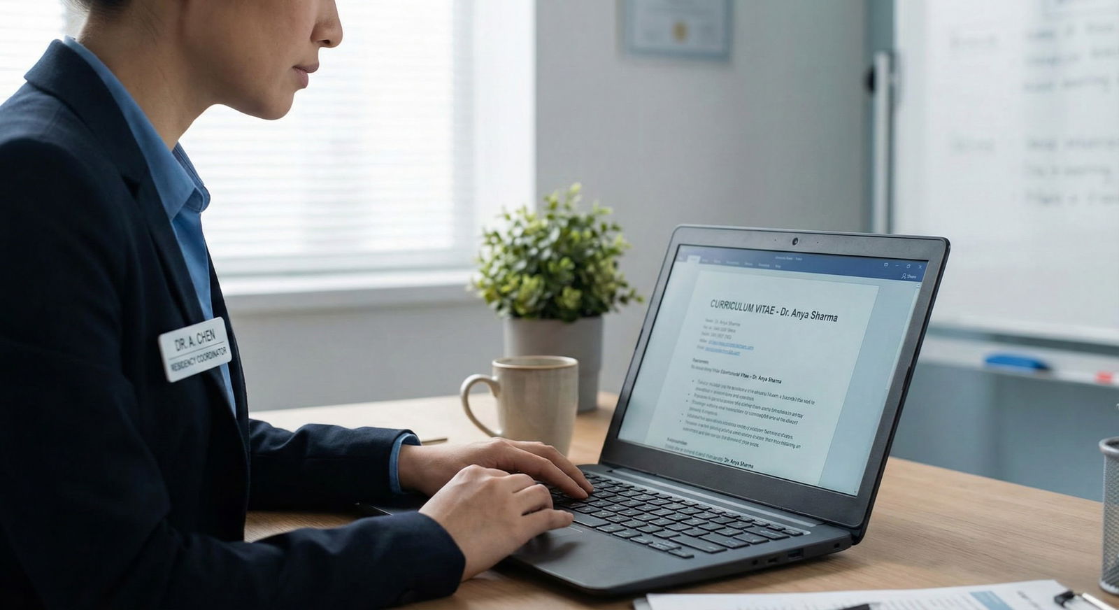 Resident reviewing a medical CV on a laptop -  for Crafting IMG LOR Request Packets: Templates, Talking Points, and Timing