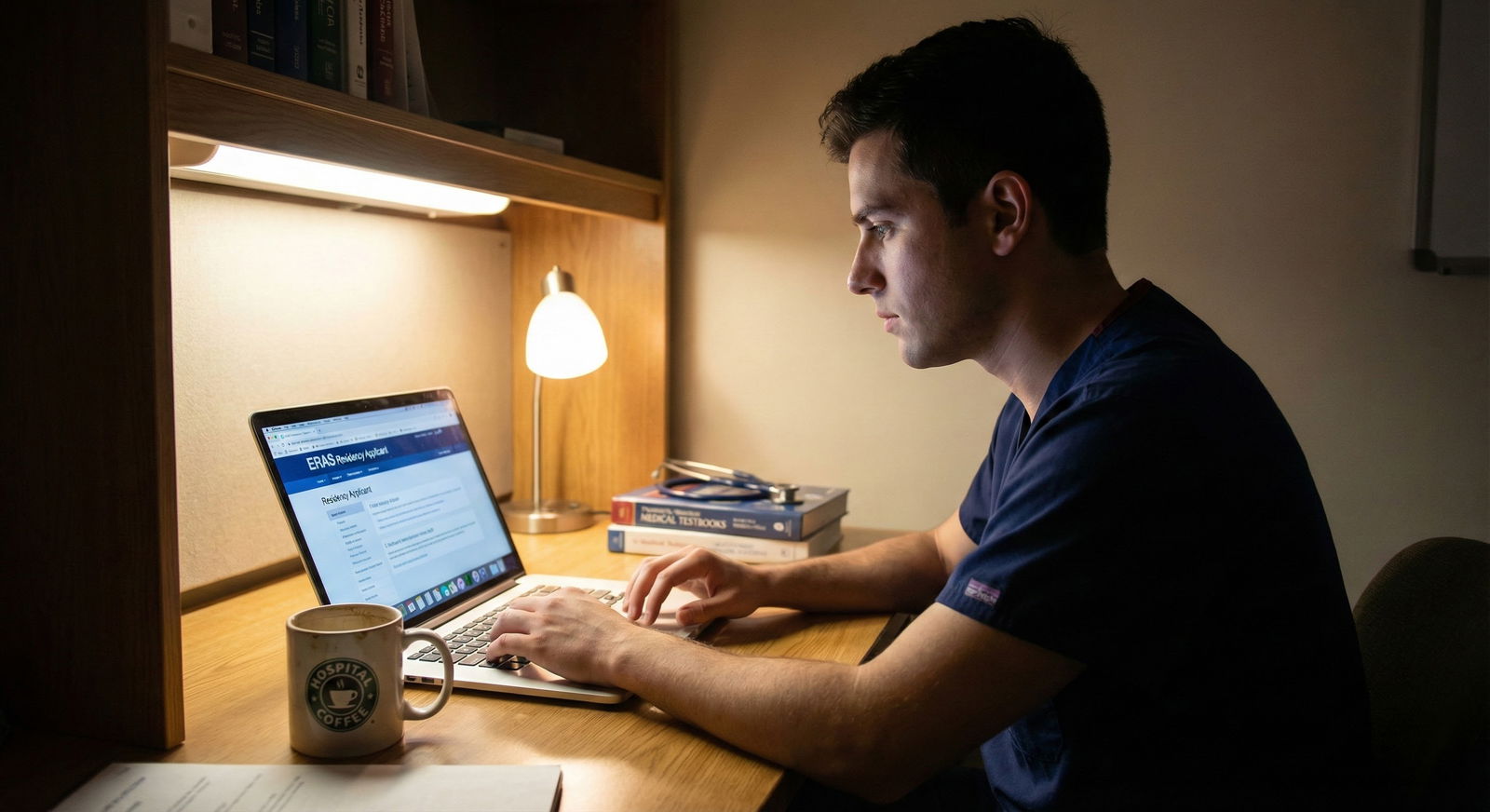 Resident reviewing ERAS application on laptop in a quiet call room Resident reviewing ERAS application on laptop in a quiet call room - for Should I Explain Every Weakness in ERAS? When Silen