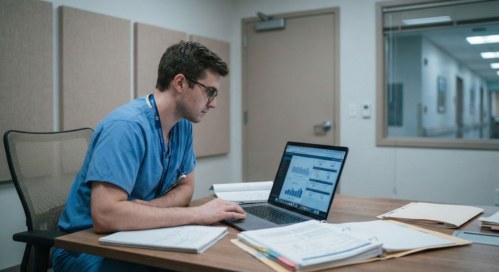 Resident reviewing exam score data on laptop Resident reviewing exam score data on laptop - for Step Score Ranges of Successful Reapplicants: What the Numbers Show