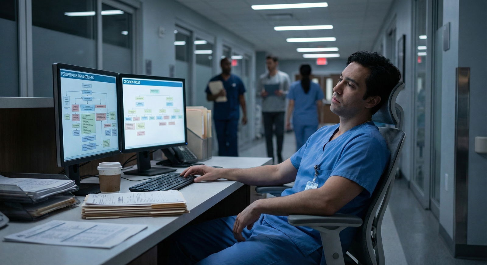 Resident studying for board exams late evening in call room Resident studying for board exams late evening in call room - for Six Months Before Boards: The Critical Milestones Resident
