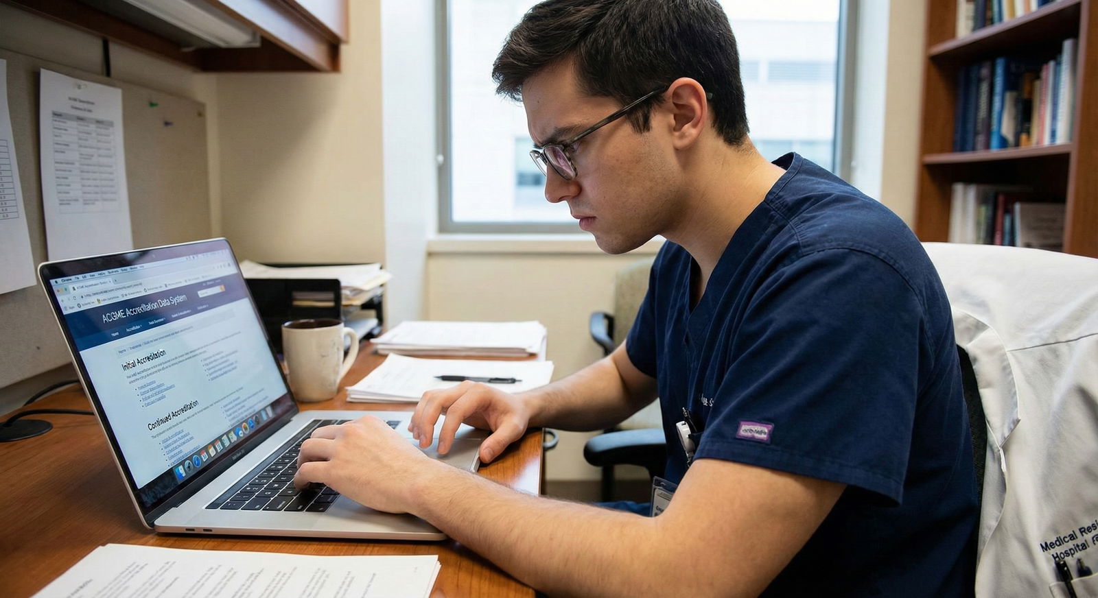Resident reviewing program accreditation information on laptop -  for What Does ‘Initial Accreditation’ vs ‘Continued’ Really