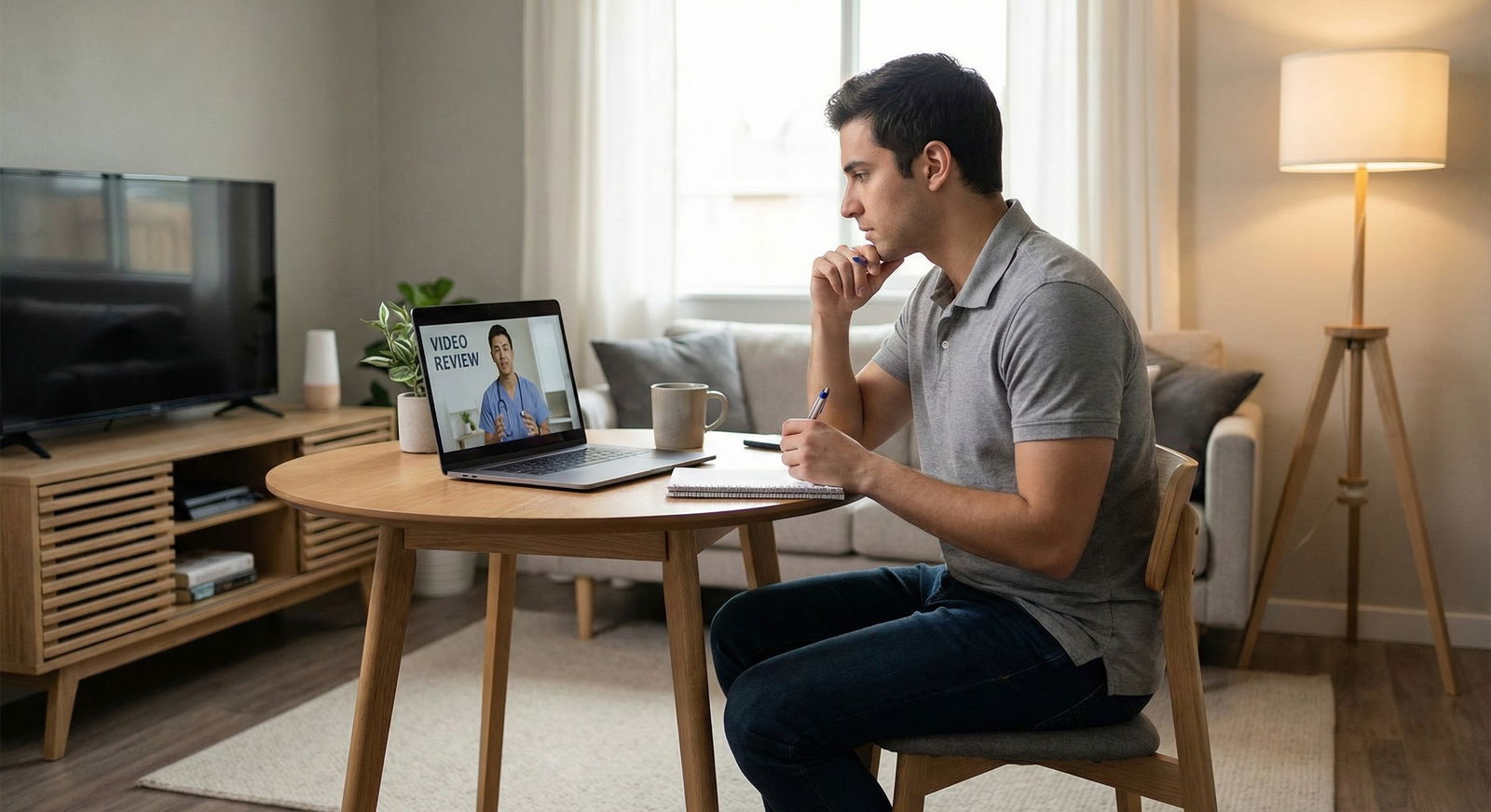 Virtual interview setup with laptop, notes, and hydration for a residency applicant -  for Managing Virtual Interview Fatigue
