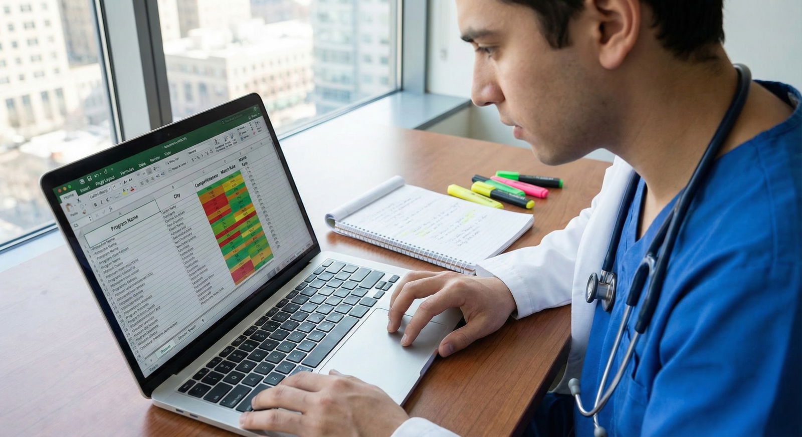 Resident reviewing residency program spreadsheet -  for One Month Before ERAS Submission: Final Checklist and Red-Flag Sweep