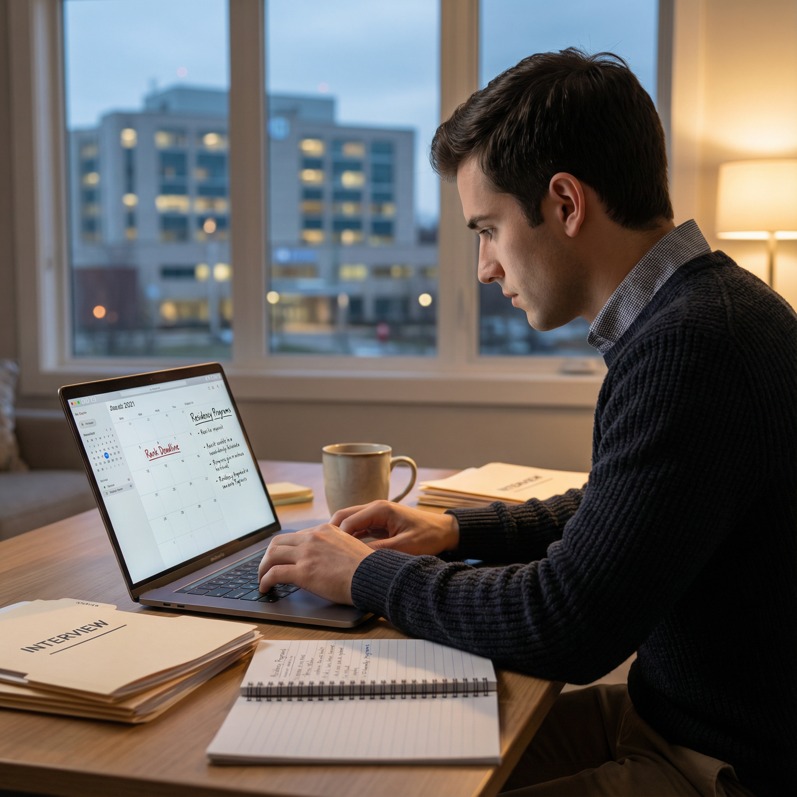 Resident reviewing residency rank list timeline on laptop -  for Post‑Interview Season to Rank Deadline: Weekly Tasks for You