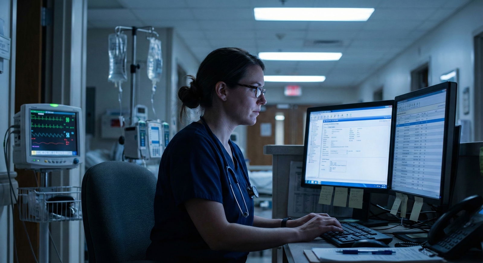 Resident reviewing sepsis orders at computer in hospital ward -  for On‑Call Sepsis Bundle Execution: What You Actually Do St