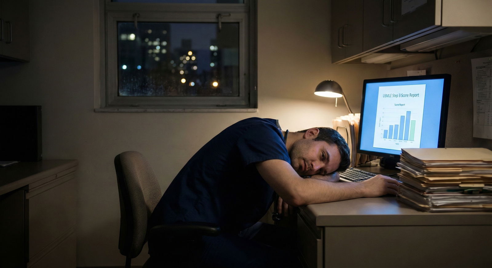 Resident reviewing Step 3 score report alone in hospital workroom -  for Behind Closed Doors: How Step 3 Is Used in Promotion