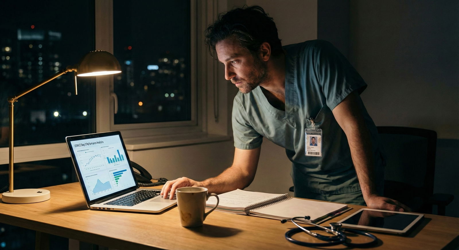 Resident reviewing USMLE Step 3 performance data on a laptop with notes and question bank analytics on screen Resident reviewing USMLE Step 3 performance data on a laptop with notes and question bank analytics on screen - for Raising