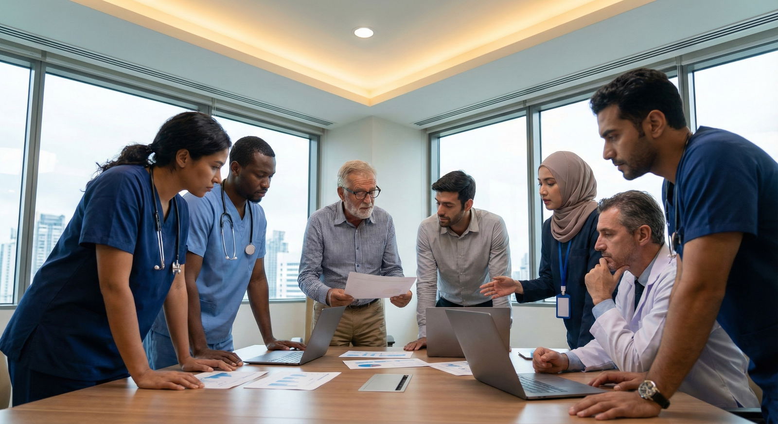Resident selection committee reviewing applications around a conference table -  for Subtle Tone Mistakes in Personal Stateme