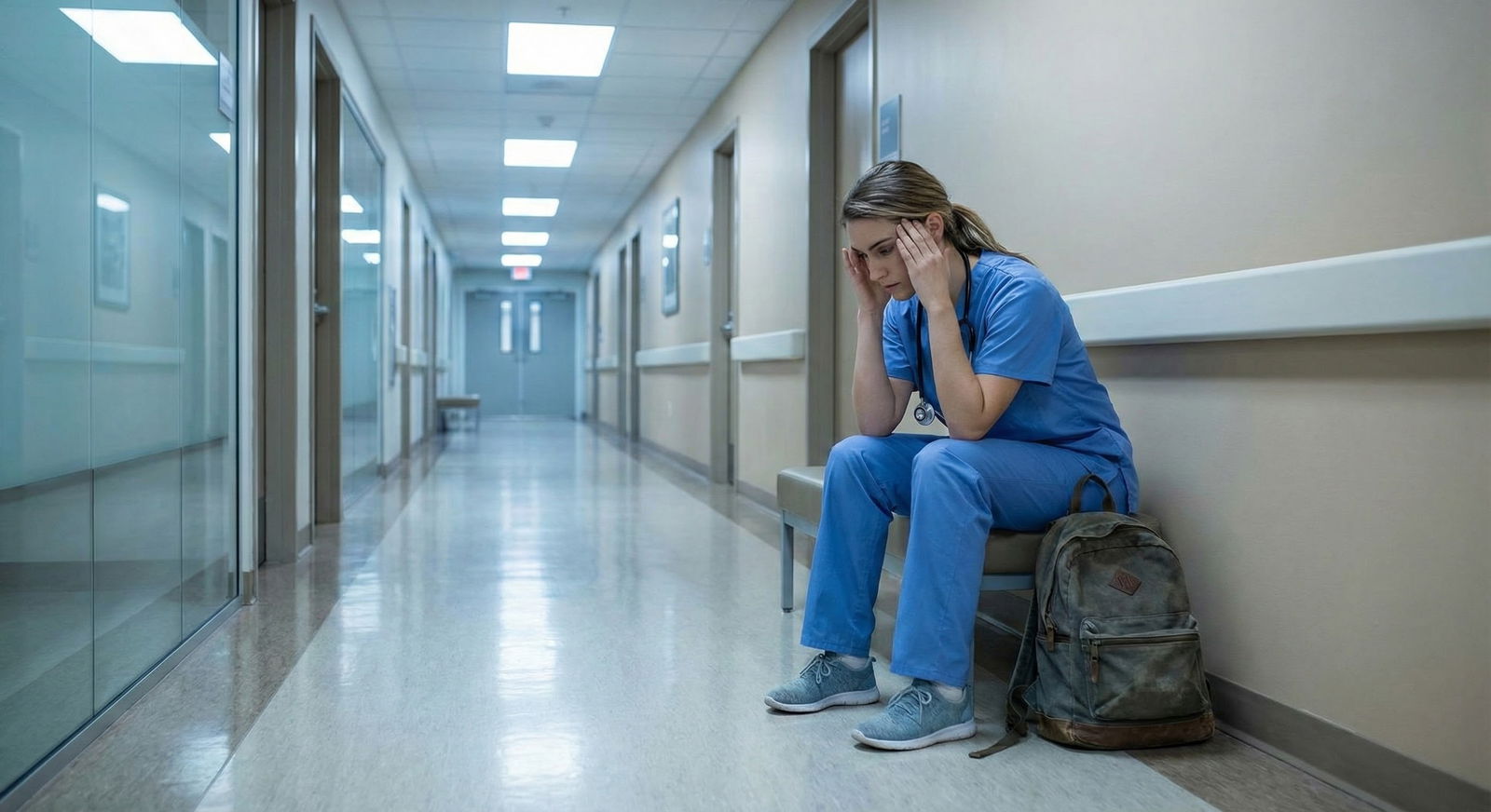 Resident physician sitting alone exhausted in a hospital corridor -  for How Do I Judge If a Program Is Truly Committed to Re