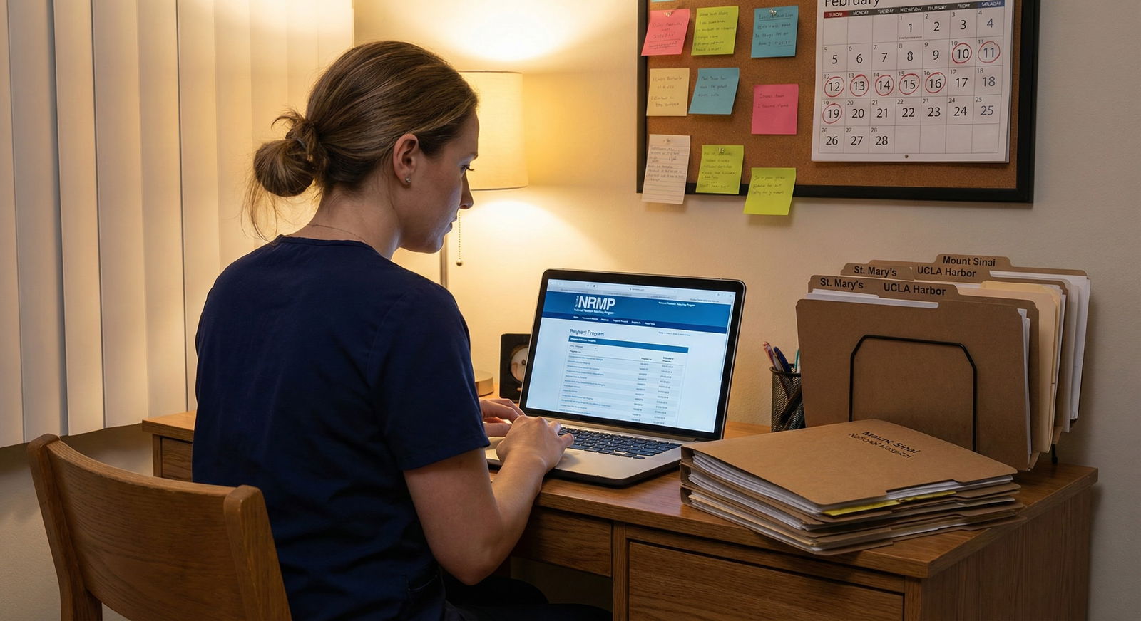 Resident sitting at desk organizing NRMP rank list on laptop with notes -  for Building Your NRMP Rank List: A Three-Phase Ti