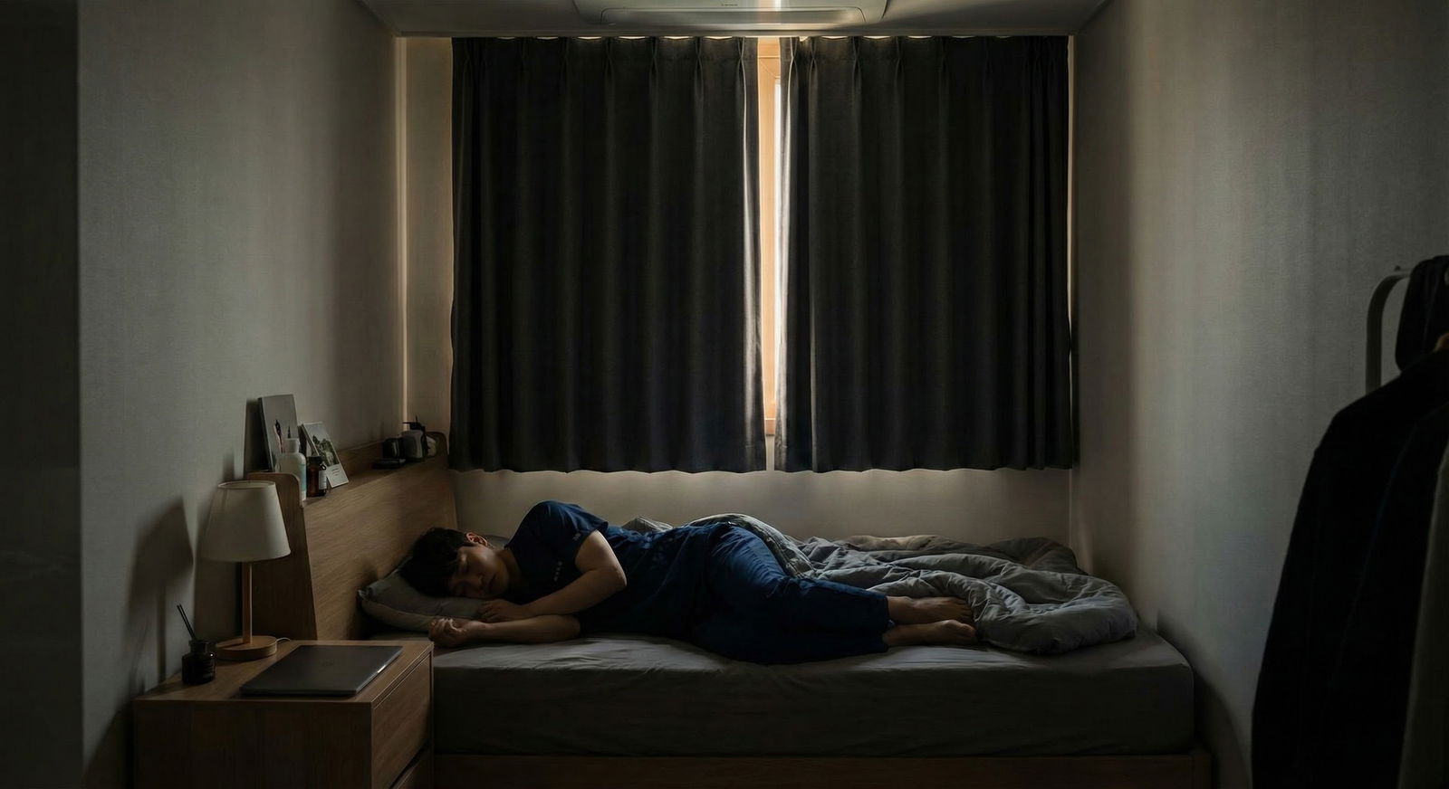 Resident sleeping in dark bedroom with blackout curtains during daytime -  for Blue Light, Screen Time, and Post-Shift Sleep: