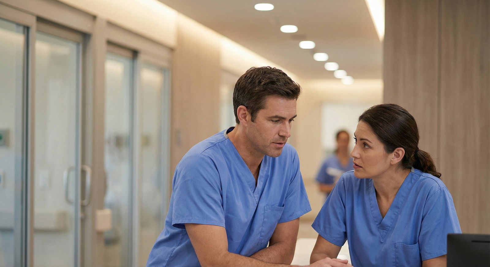 Resident scrolling cautiously through social media on phone in hospital hallway -  for Is Dark Humor Ever Okay in Medicine? W