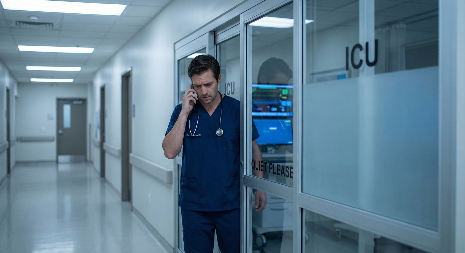 Resident stepping out of ICU to make a phone call to the chief resident -  for When a Co-Resident Is Clearly Burning Out: How