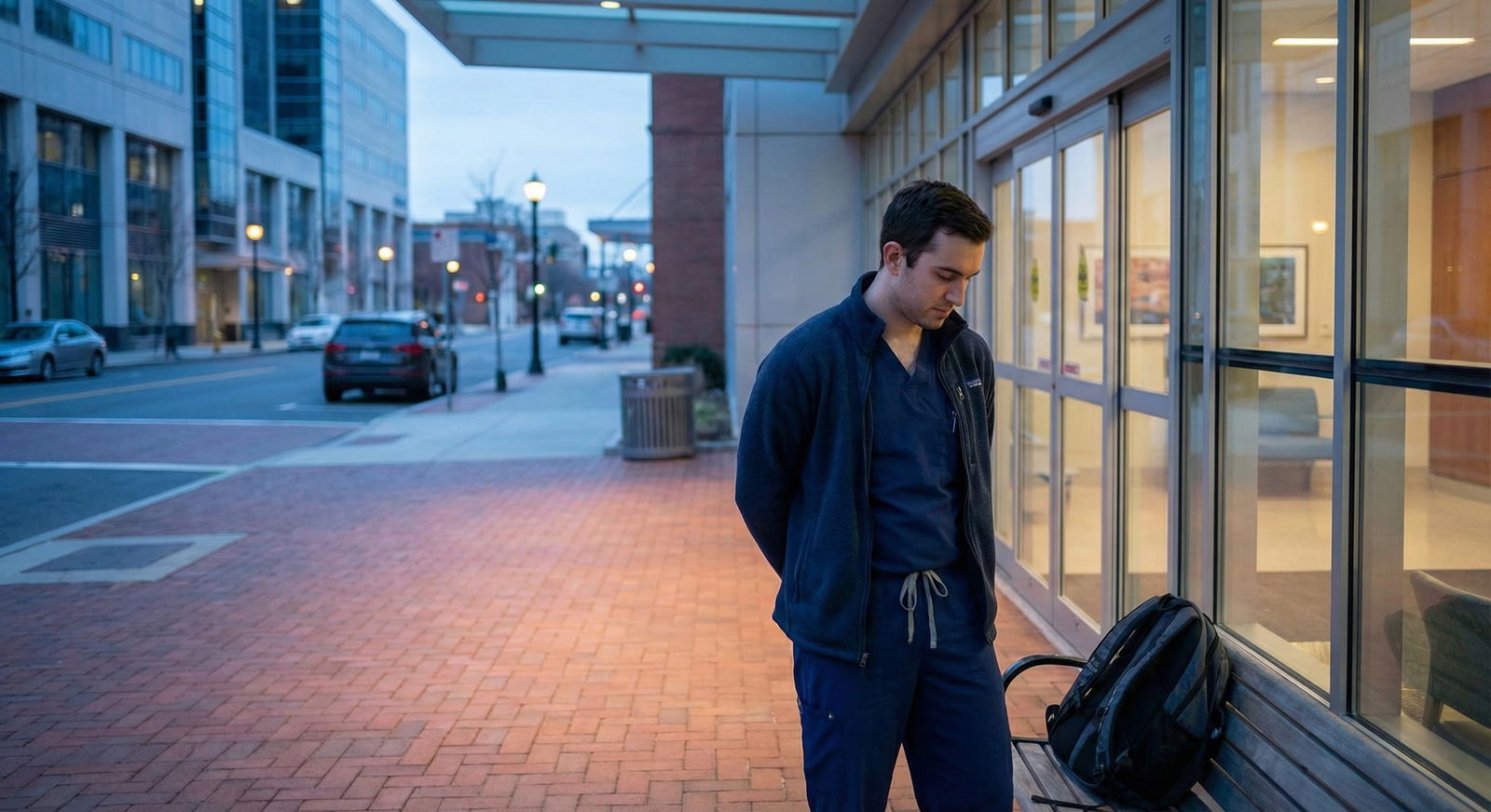 Calm resident walking out of hospital at sunset, symbolizing balance and recovery -  for Should I Disclose Past Burnout Episo