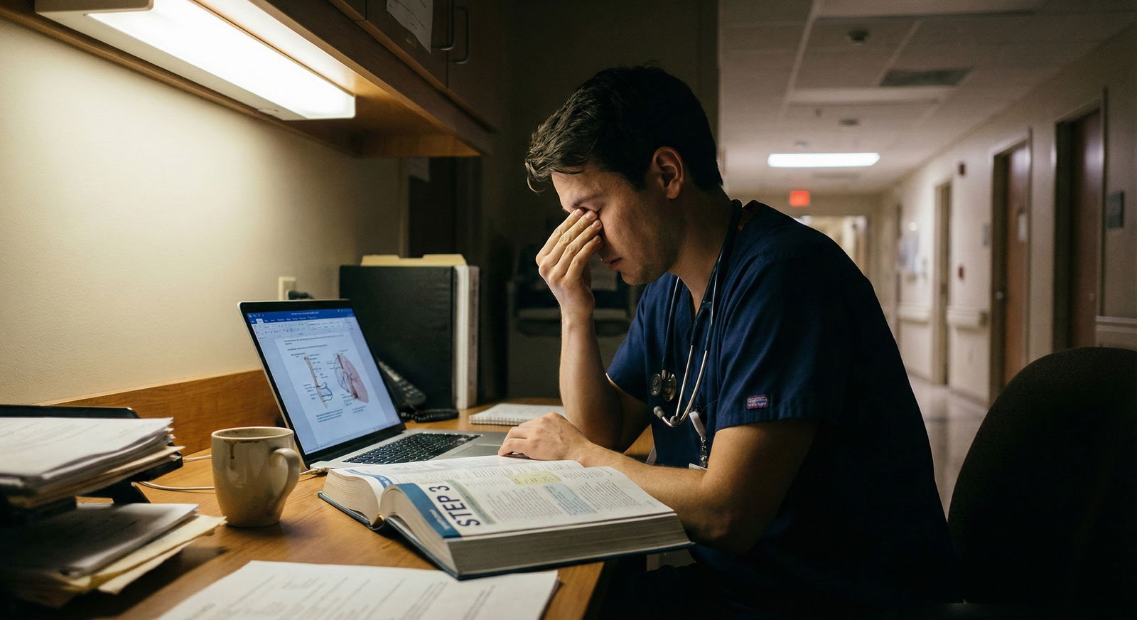 Resident studying at hospital workroom desk during night shift -  for 3-Hour Micro-Blocks: A Busy Resident’s Step 3 Study Fra