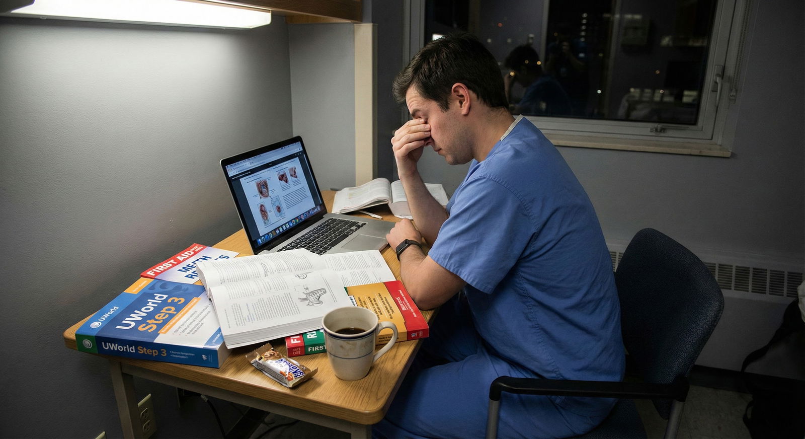 Resident studying at night in hospital call room -  for The Real Reason Attendings Push You to Finish Step 3 Early