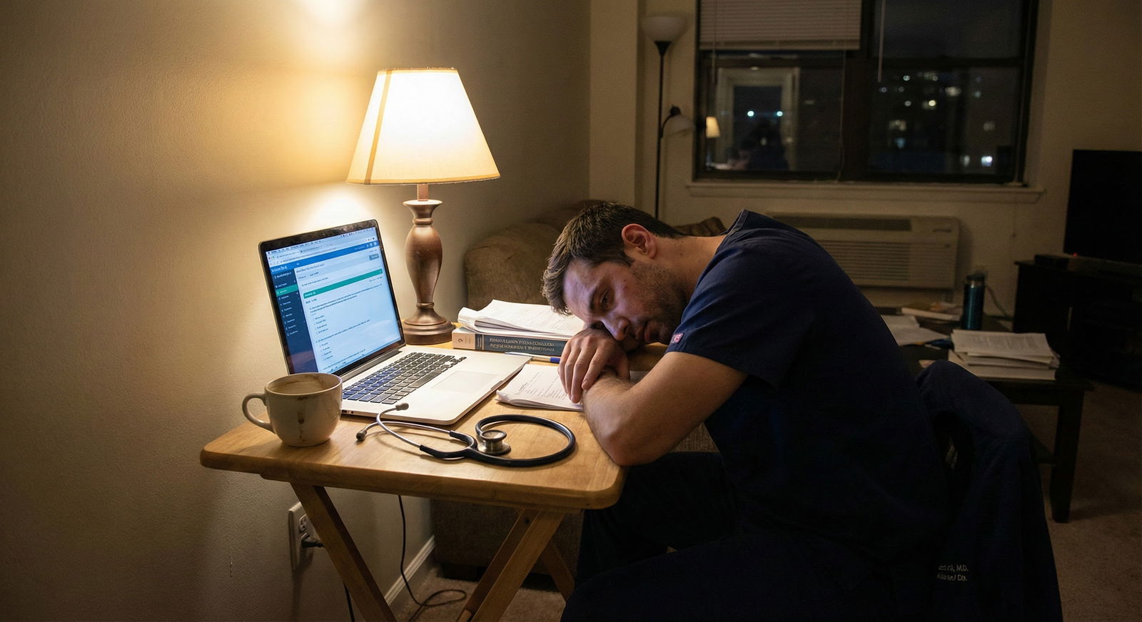 Resident studying for COMLEX Level 3 after a long hospital shift -  for How to Pass COMLEX Level 3 While Working 80-Hour Resi
