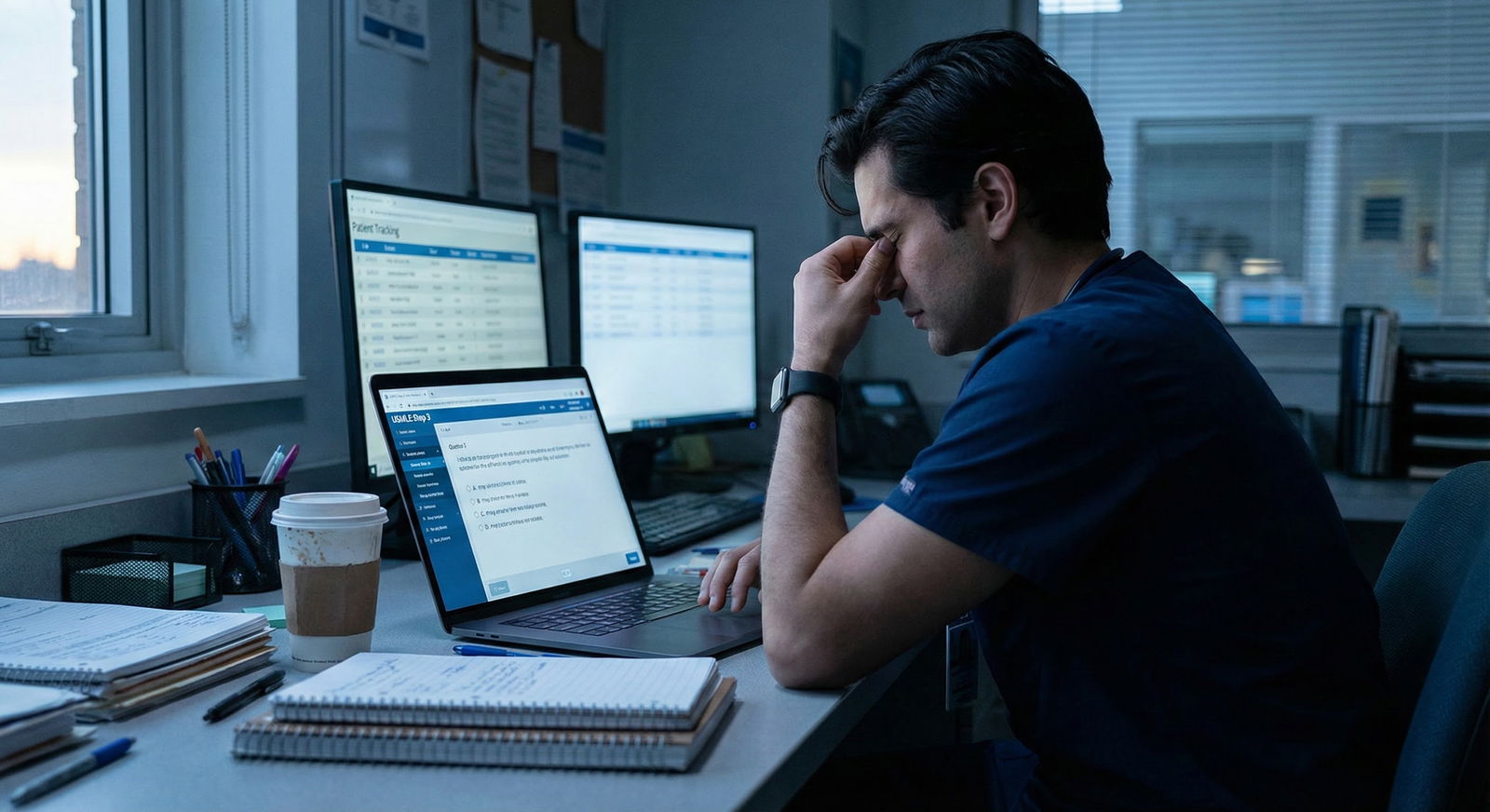 Resident studying for Step 3 at a hospital workroom desk after night shift -  for How to Salvage Step 3 Prep After a Brutal I