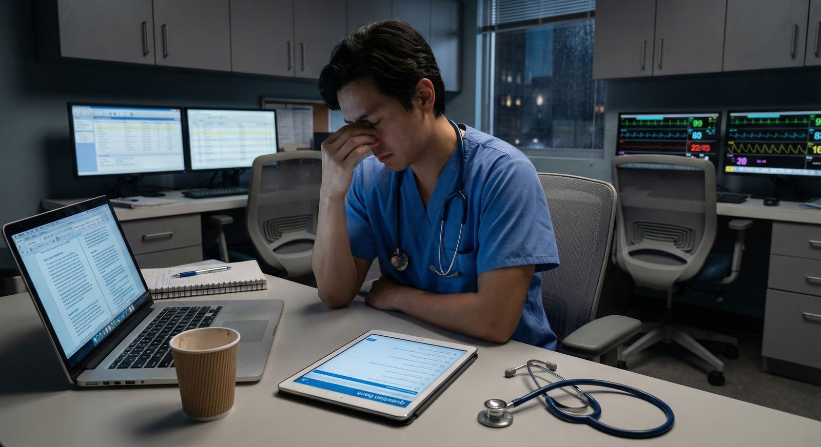 Resident studying for Step 3 between shifts in a hospital workroom -  for Step 3 Prep with No Dedicated Time: A Shift-by-Shif