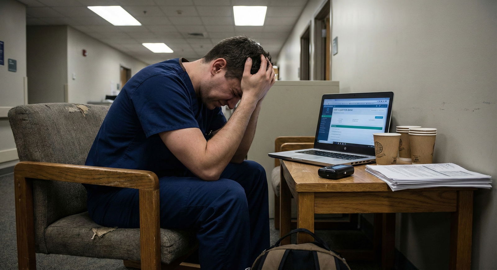 Resident studying for Step 3 while on call, looking overwhelmed -  for Costly Step 3 Registration Mistakes Residents Regret T