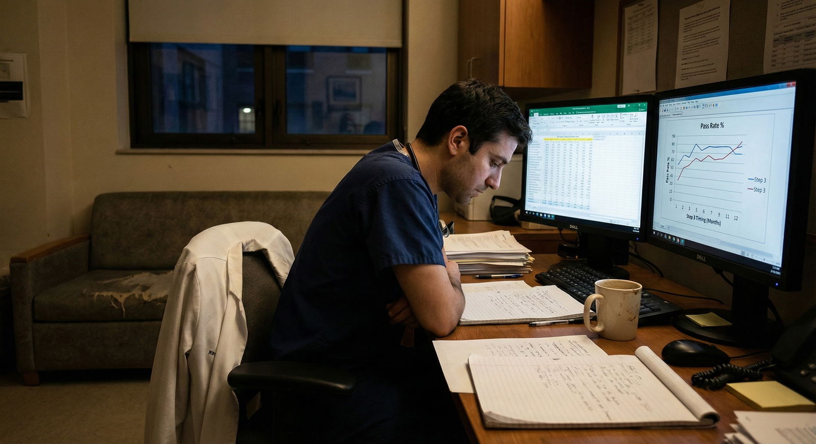 Resident studying for USMLE Step 3 late at night with data charts on laptop screen -  for How Step 3 Timing Correlates with P