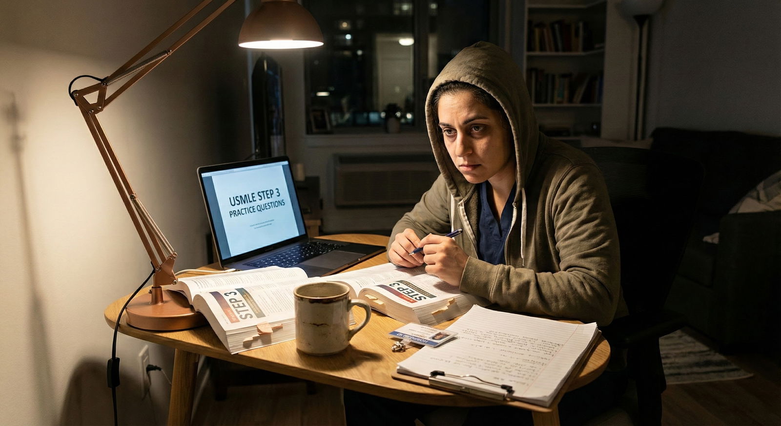 Resident studying for USMLE Step 3 late at night with notes and laptop Resident studying for USMLE Step 3 late at night with notes and laptop - for Failed Step 3 Once: A Structured 8-Week Recover