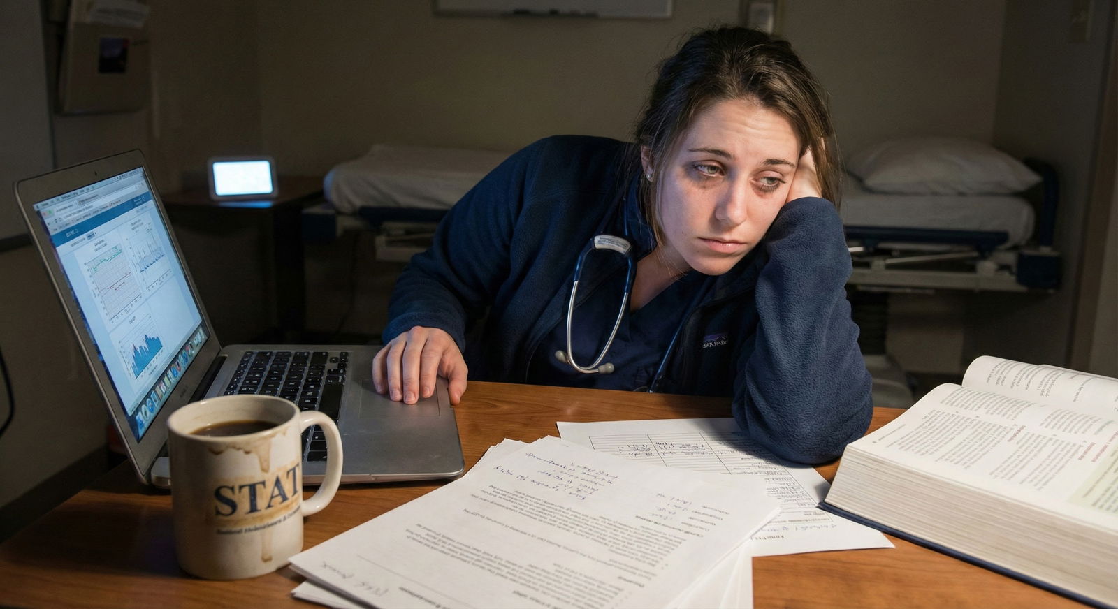 Resident studying for USMLE Step 3 with notes and computer open in a call room -  for Debunking the Myth That Step 3 Is Just