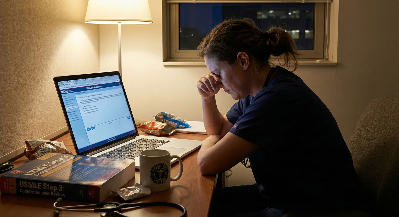 Resident studying late at night for Step 3 -  for Is a High Step 3 Score Worth the Extra Study Time? Tradeoff Analysis