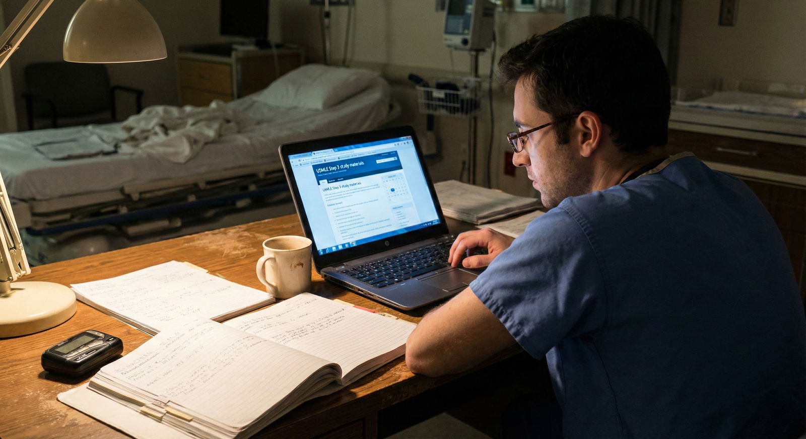 Resident studying late at night while on call, with USMLE Step 3 materials open beside patient charts -  for What Program Dir