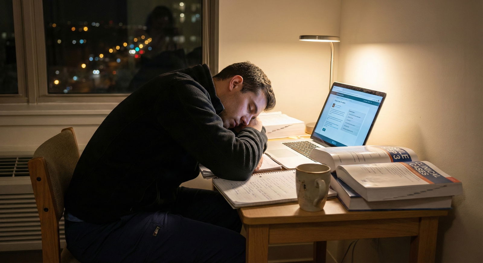 Resident studying Step 3 CCS cases on a laptop late at night -  for Turning Step 3 CCS from Weakness to Strength in 4 Weeks