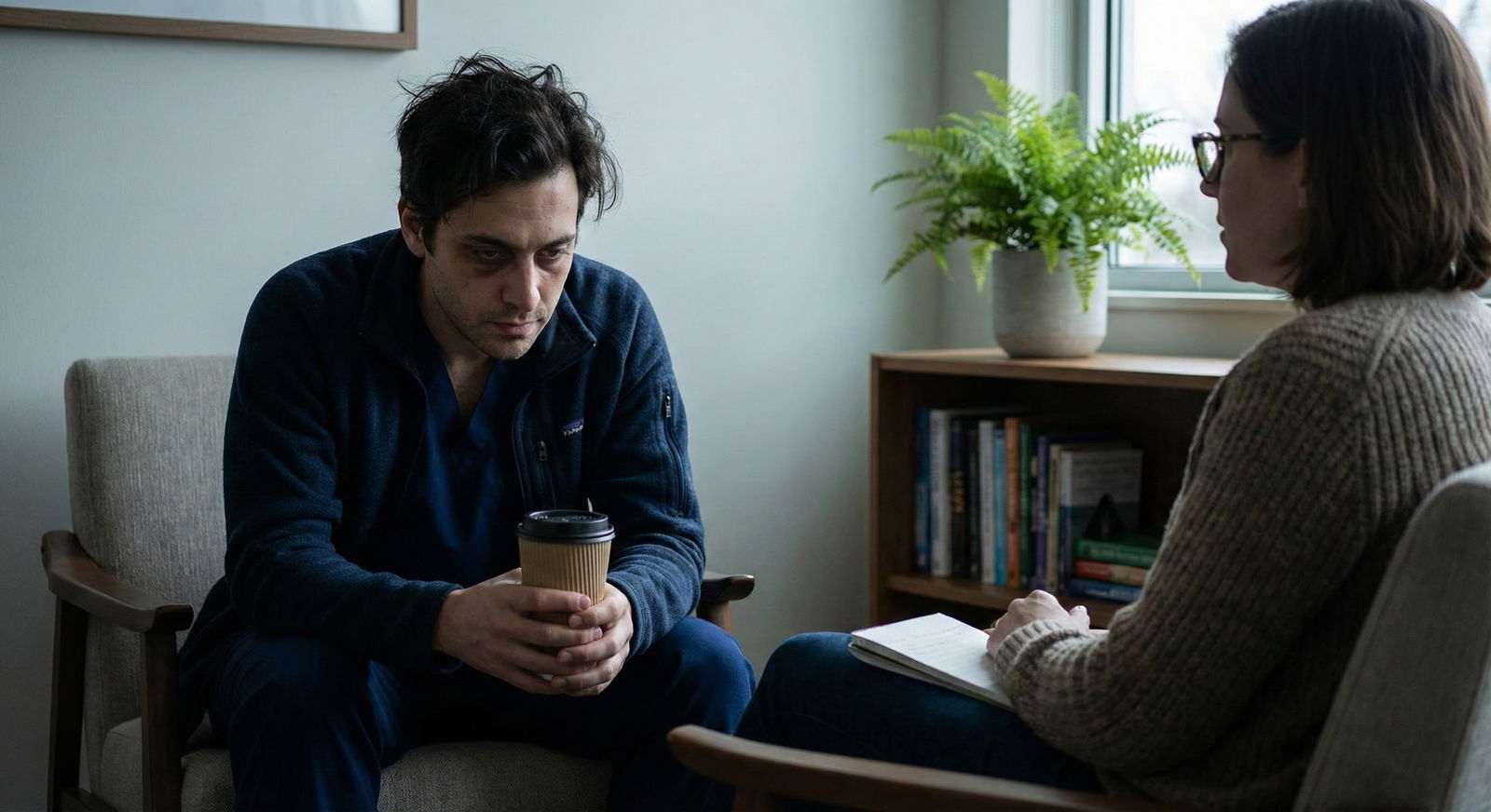 Resident talking with a therapist in a small office after work -  for Am I Weak If I Need Therapy or Meds to Cope With Reside