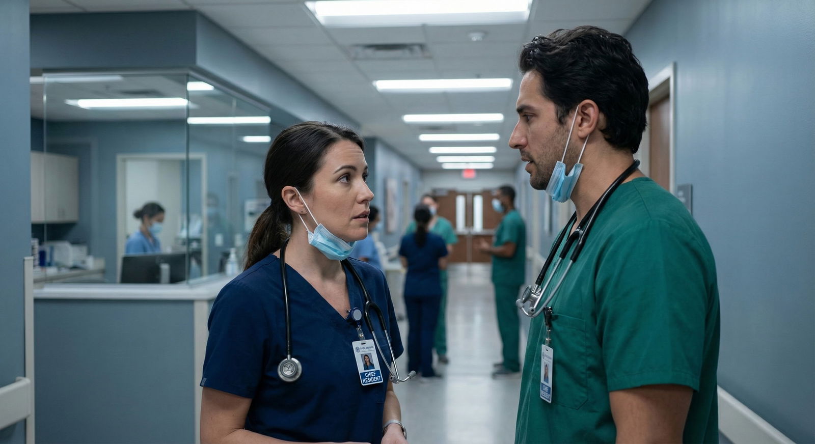 Resident talking with chief resident in hospital hallway -  for When Your Friend Becomes Your Chief: Navigating Role Changes