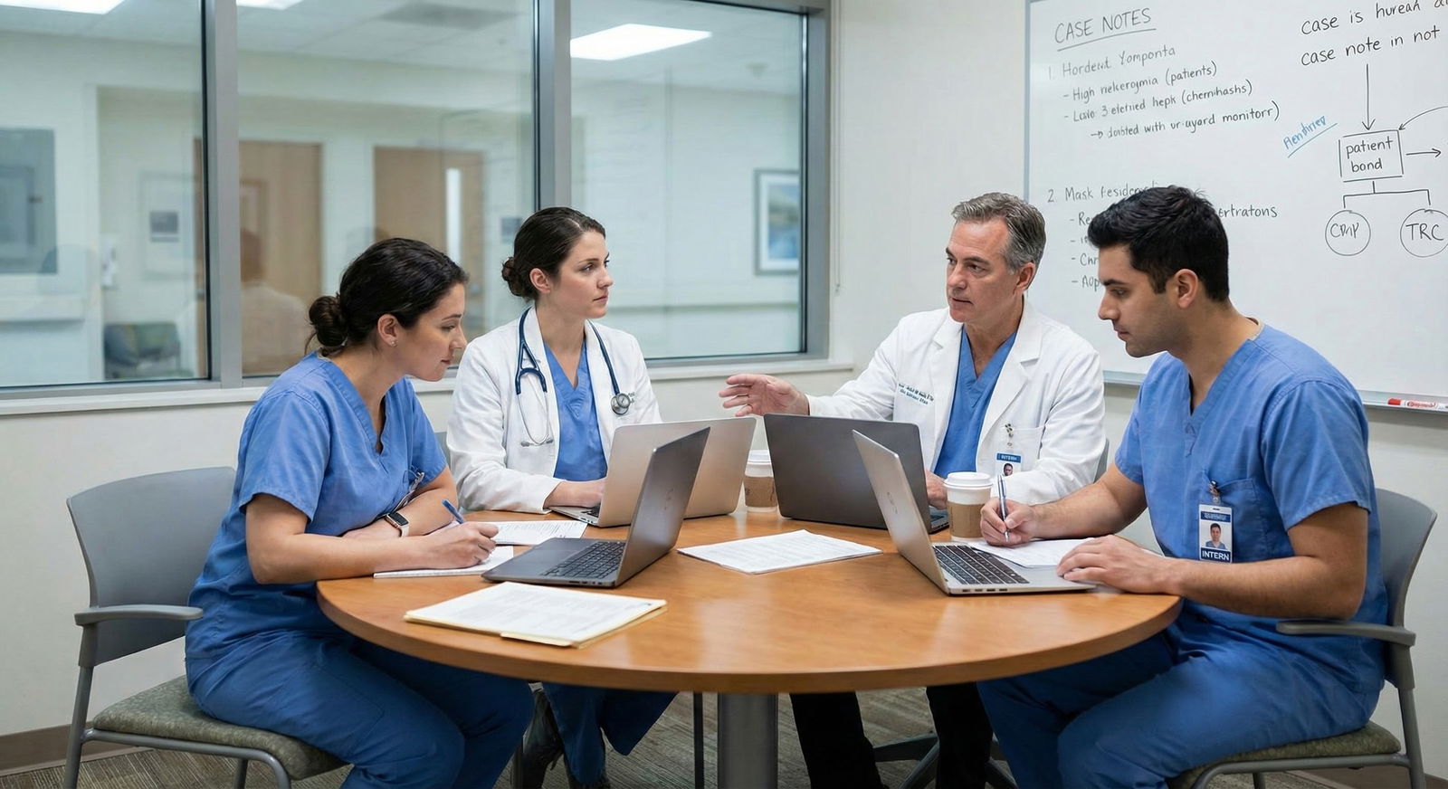 Resident team debriefing call night cases in a hospital conference room -  for How Much Autonomy Should an Intern Have on Cal