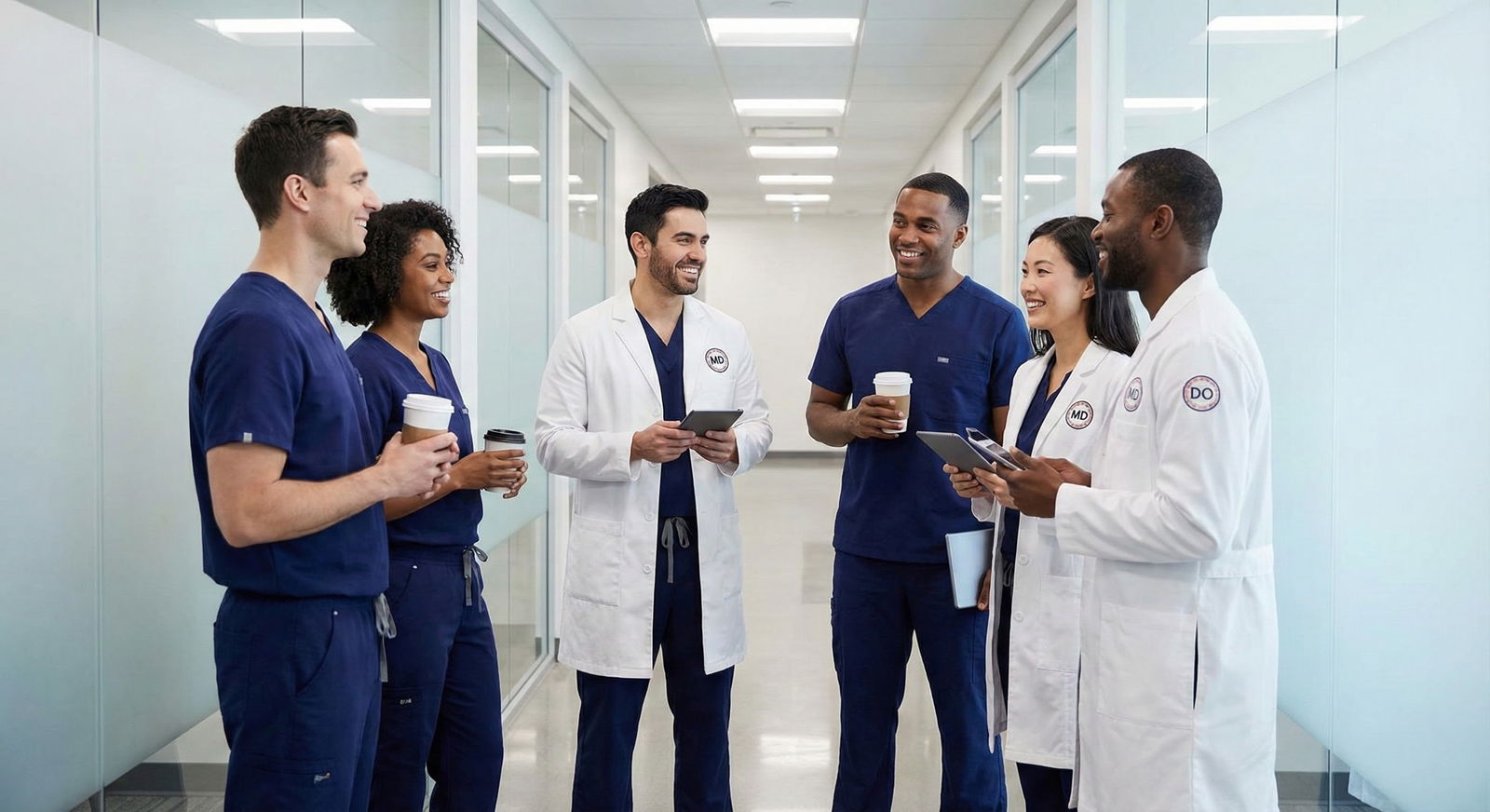Resident team with both MD and DO physicians in a hospital hallway -  for If You’re a DO Without USMLE Scores: How to Target